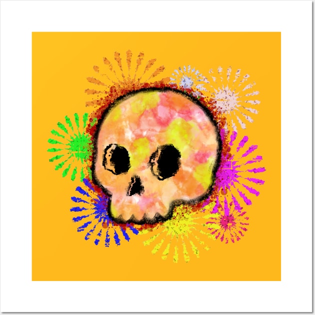 Colorful Floral Burst Skull Watercolor Wall Art by Braznyc